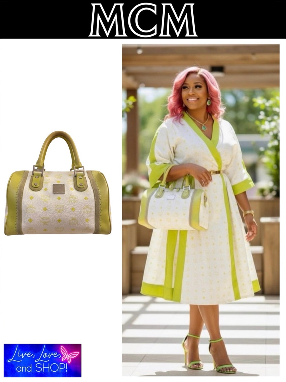 MCM Lime Green & White Visetos Boston Bag, EUC